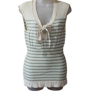 Nanette Lepore Cream Green Blue Stripe Sleeveless Bow Top Large Soft Chic Style